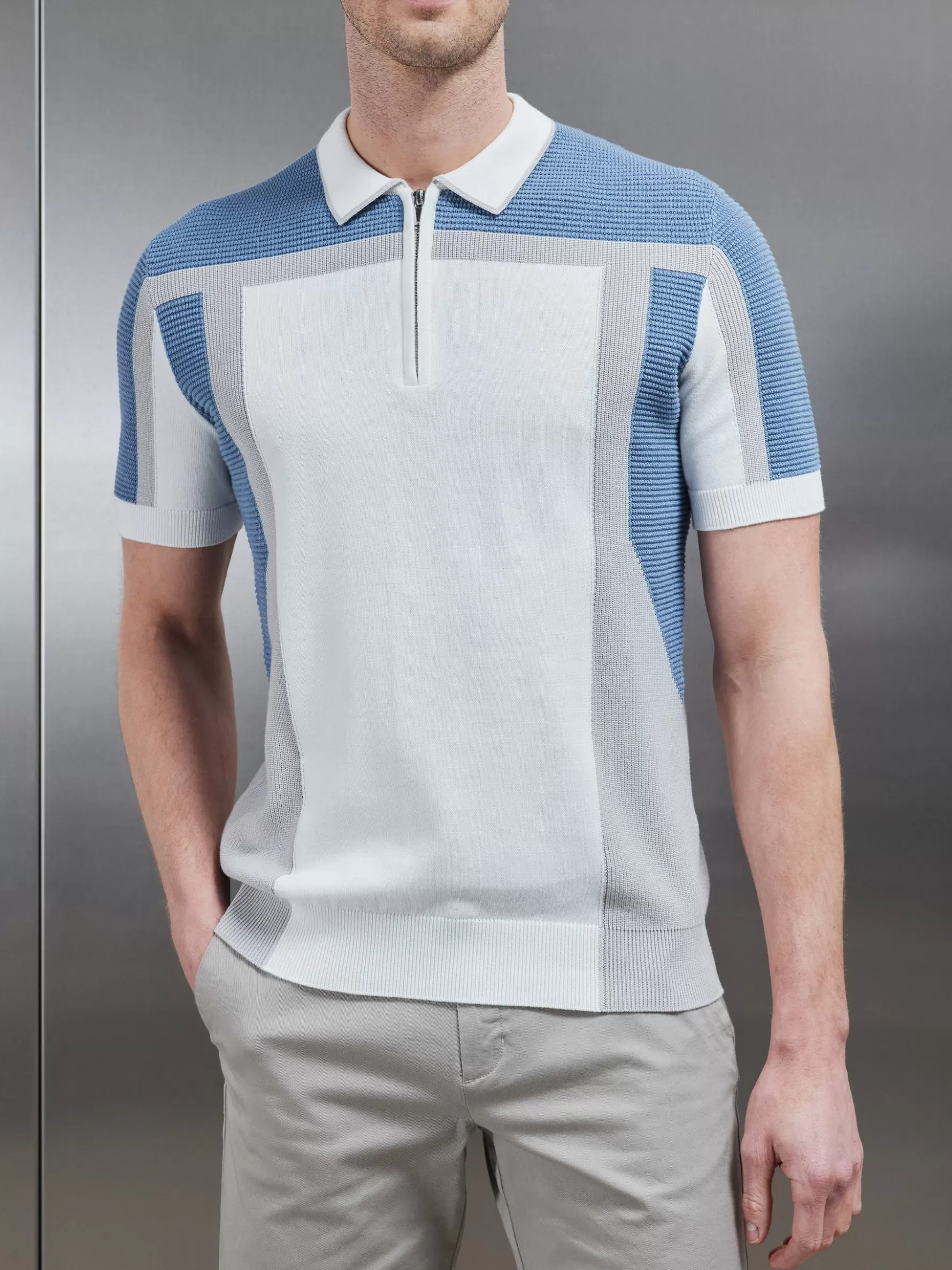 ARNE Panel Colour Block Knitted Zip Polo Shirt - Dove Blue