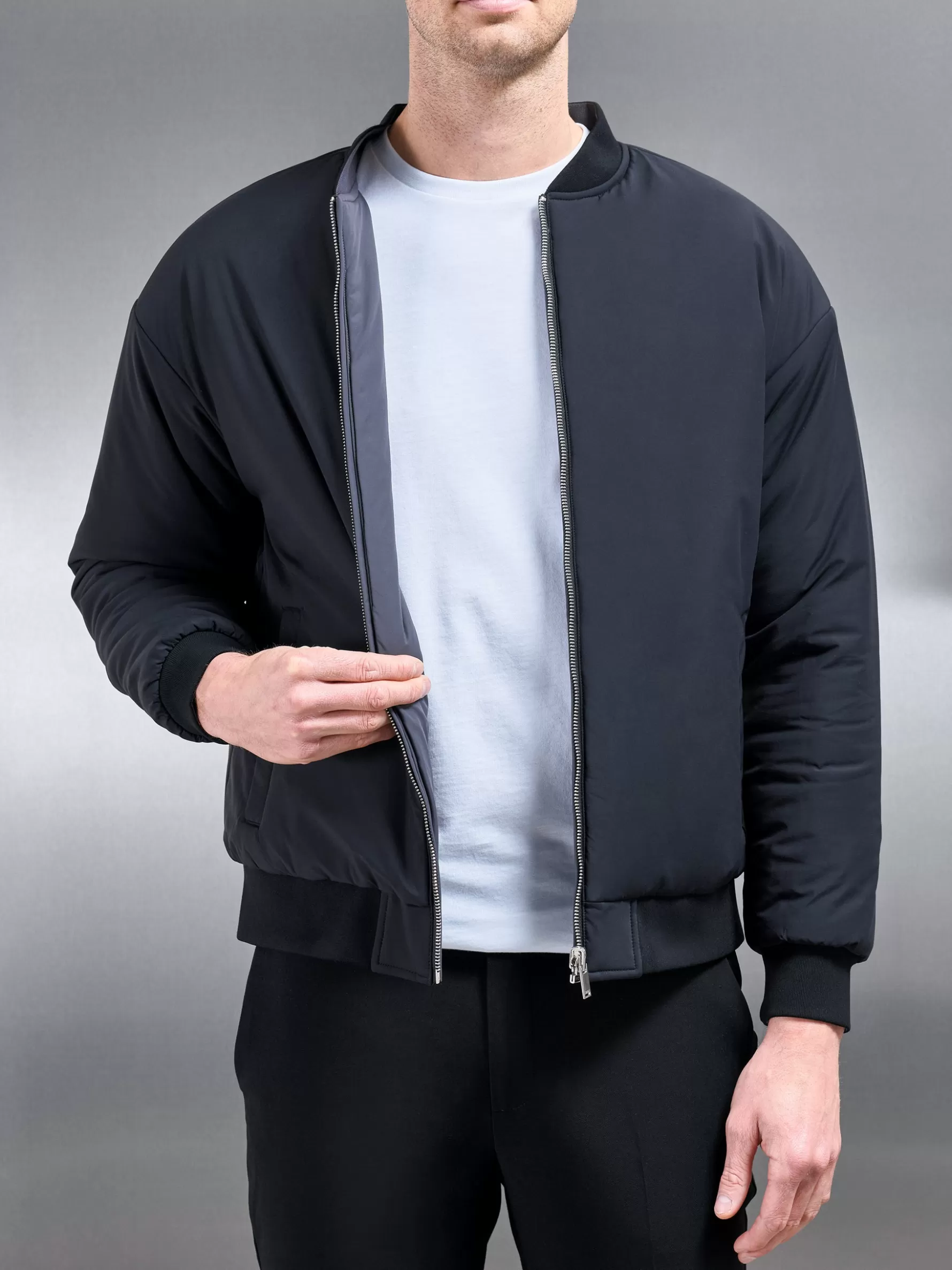 ARNE Relaxed Padded Reversible Bomber Jacket - Black Grey