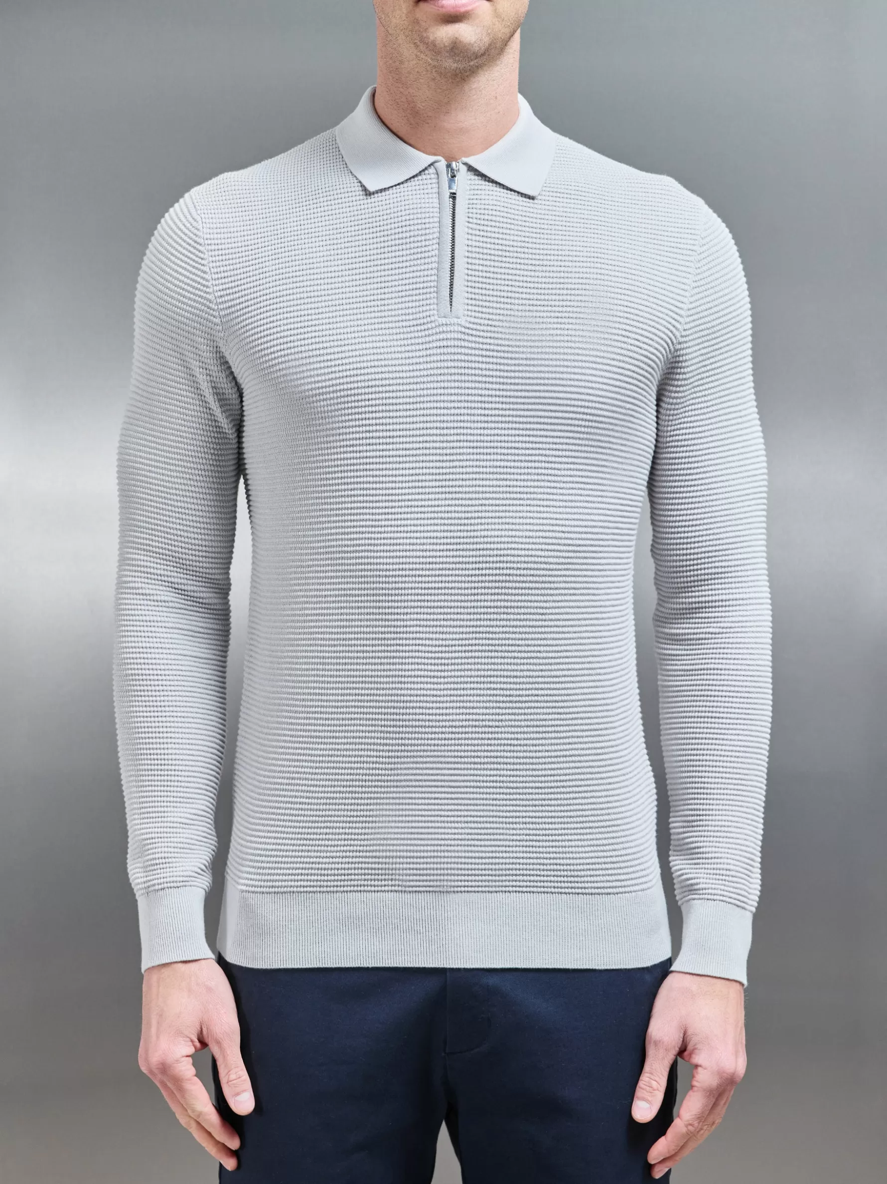 ARNE Ribbed Textured Long Sleeve Knitted Zip Polo - Mid Grey