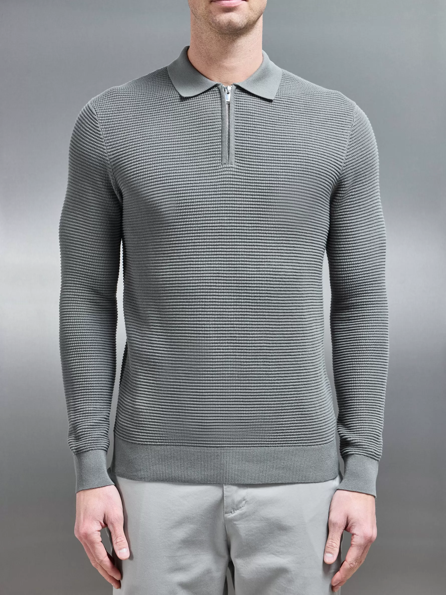 ARNE Ribbed Textured Long Sleeve Knitted Zip Polo -