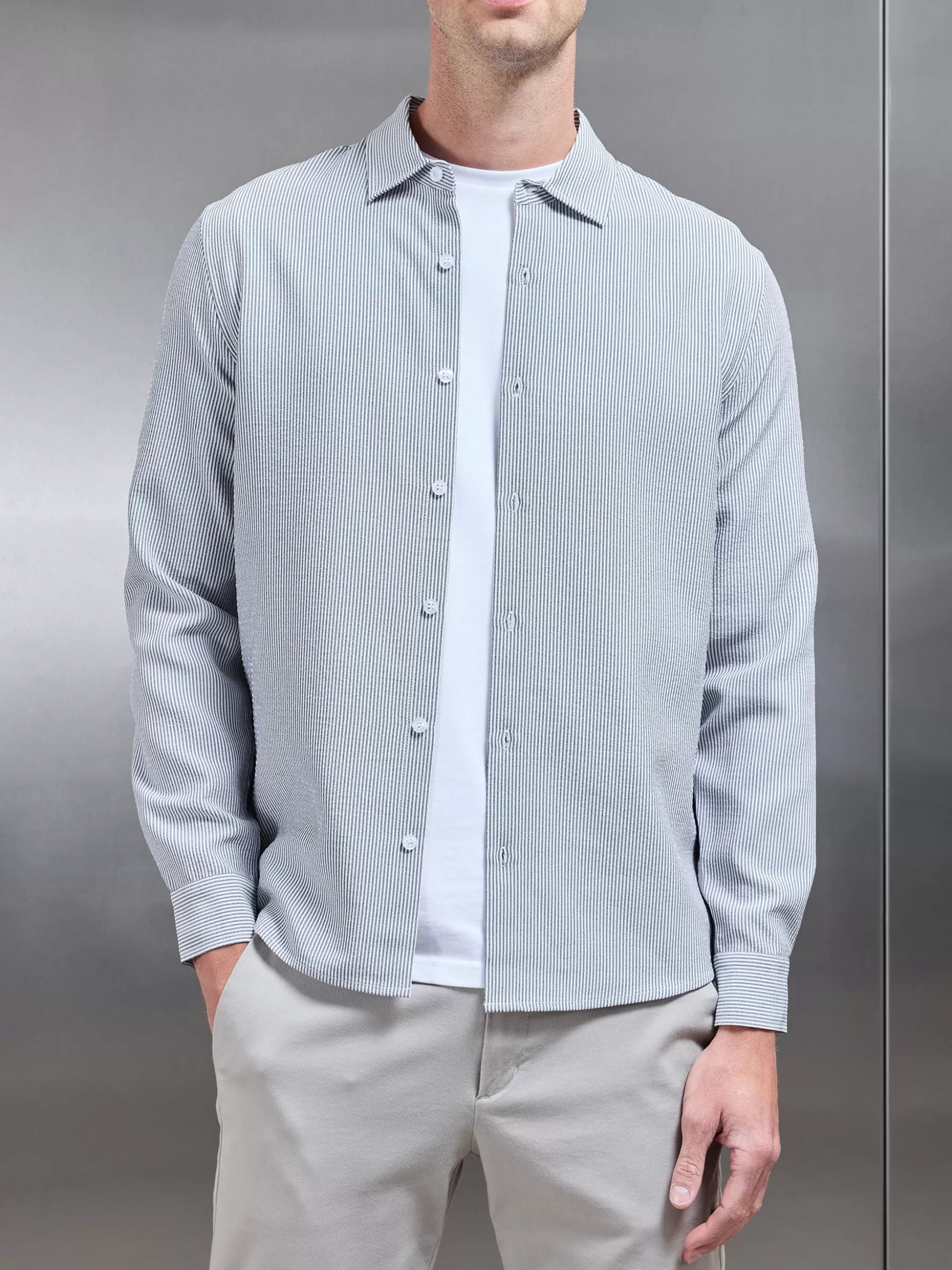 ARNE Seersucker Long Sleeve Cutaway Collar Shirt -