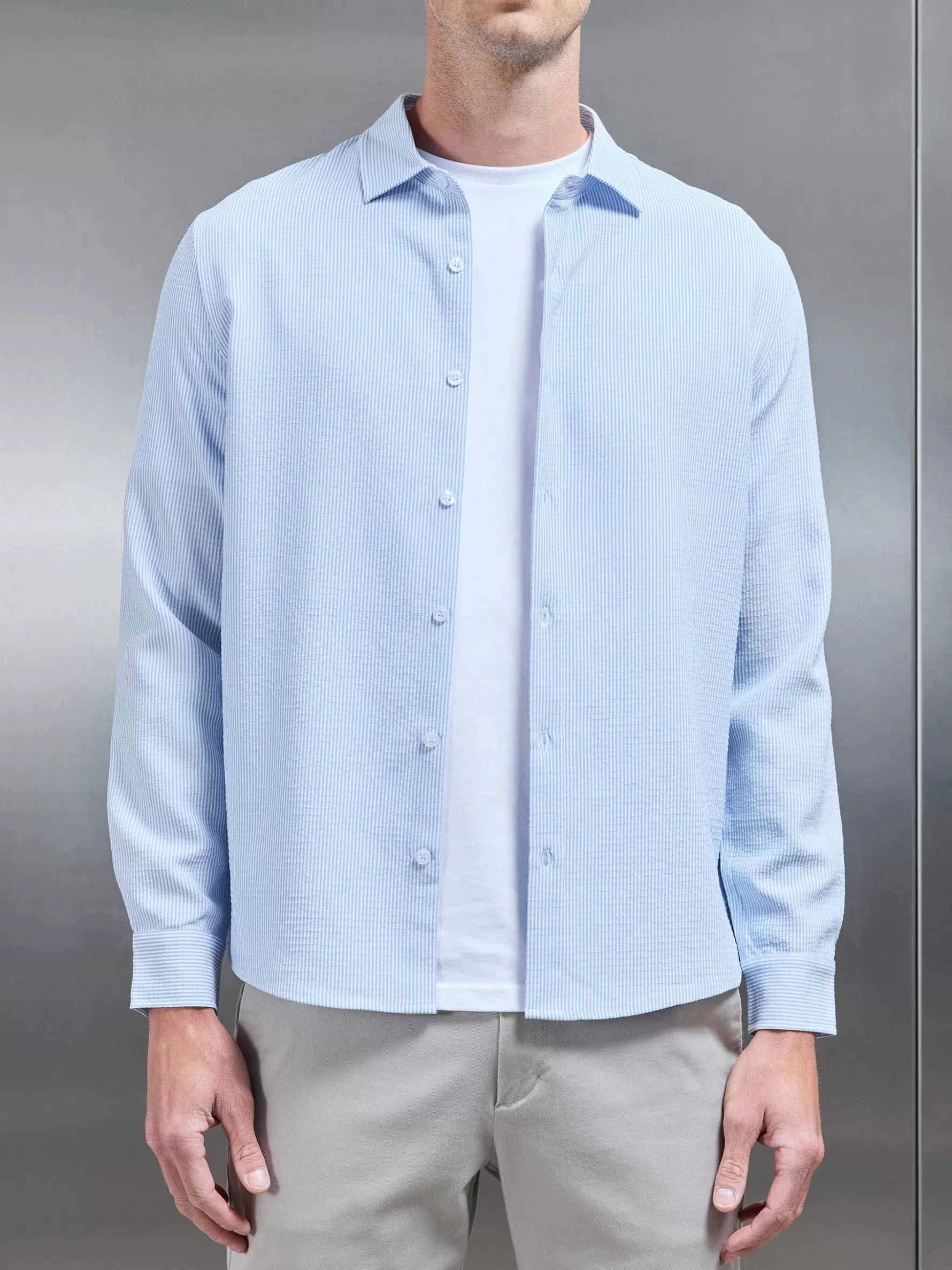 ARNE Seersucker Long Sleeve Cutaway Collar Shirt - Light Blue