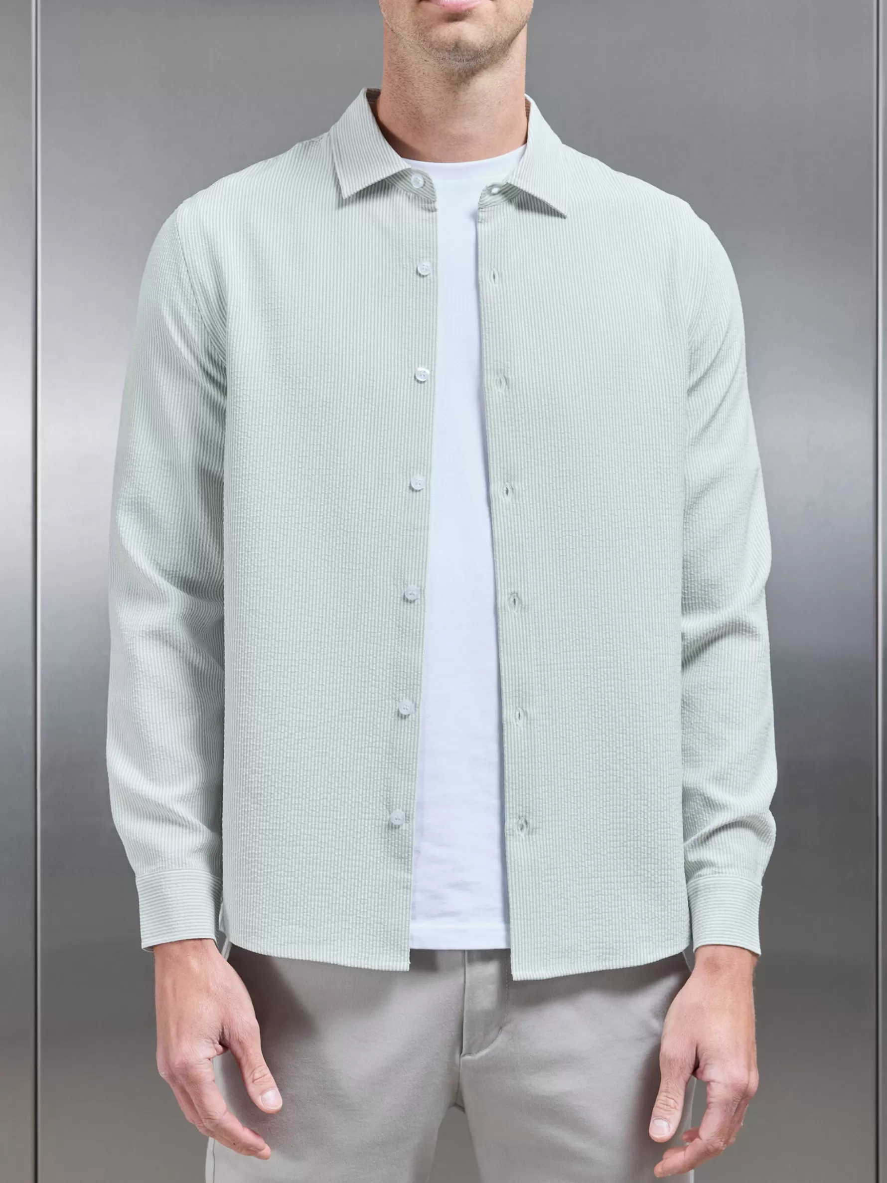 ARNE Seersucker Long Sleeve Cutaway Collar Shirt -