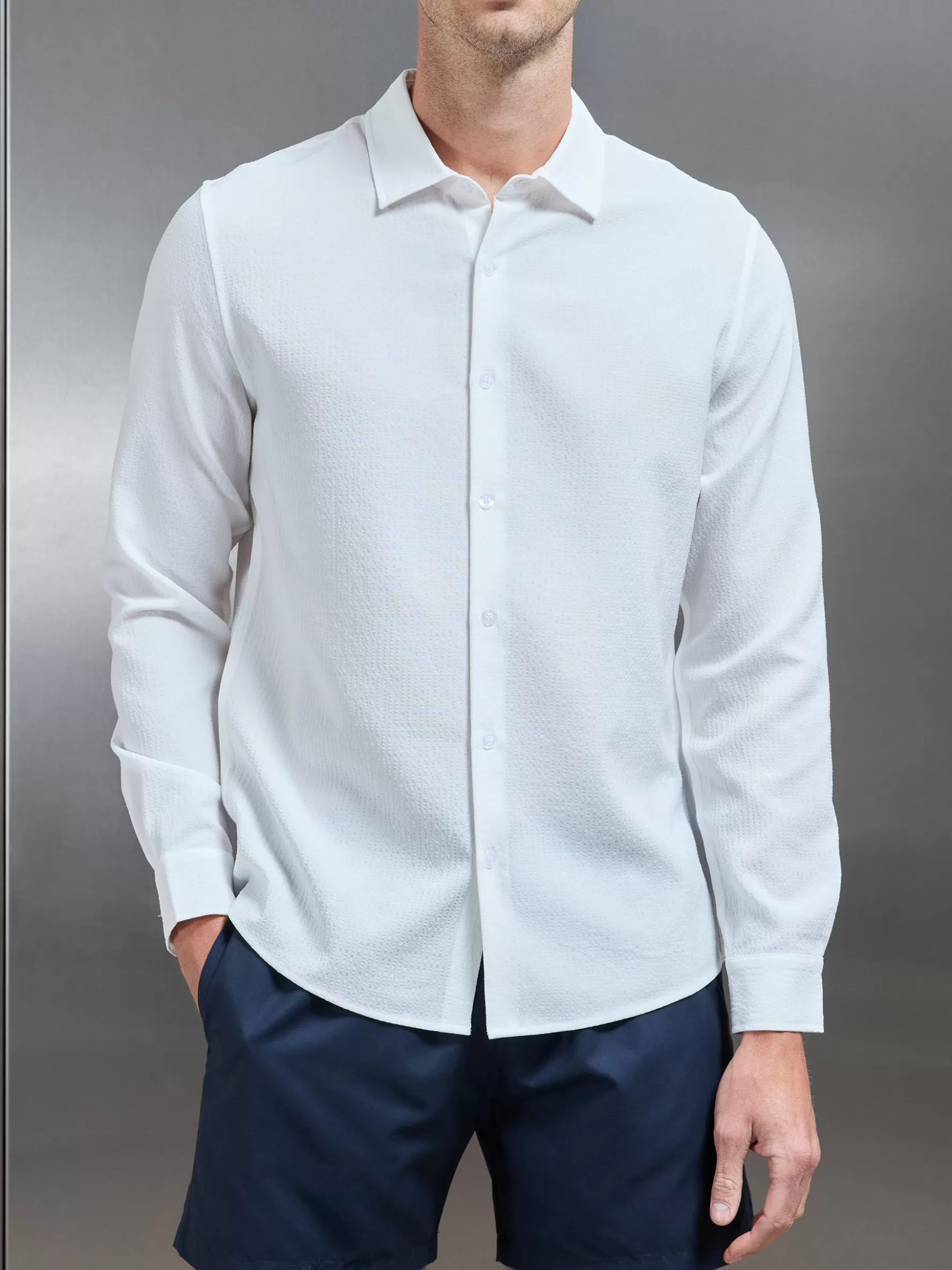 ARNE Seersucker Long Sleeve Cutaway Collar Shirt -