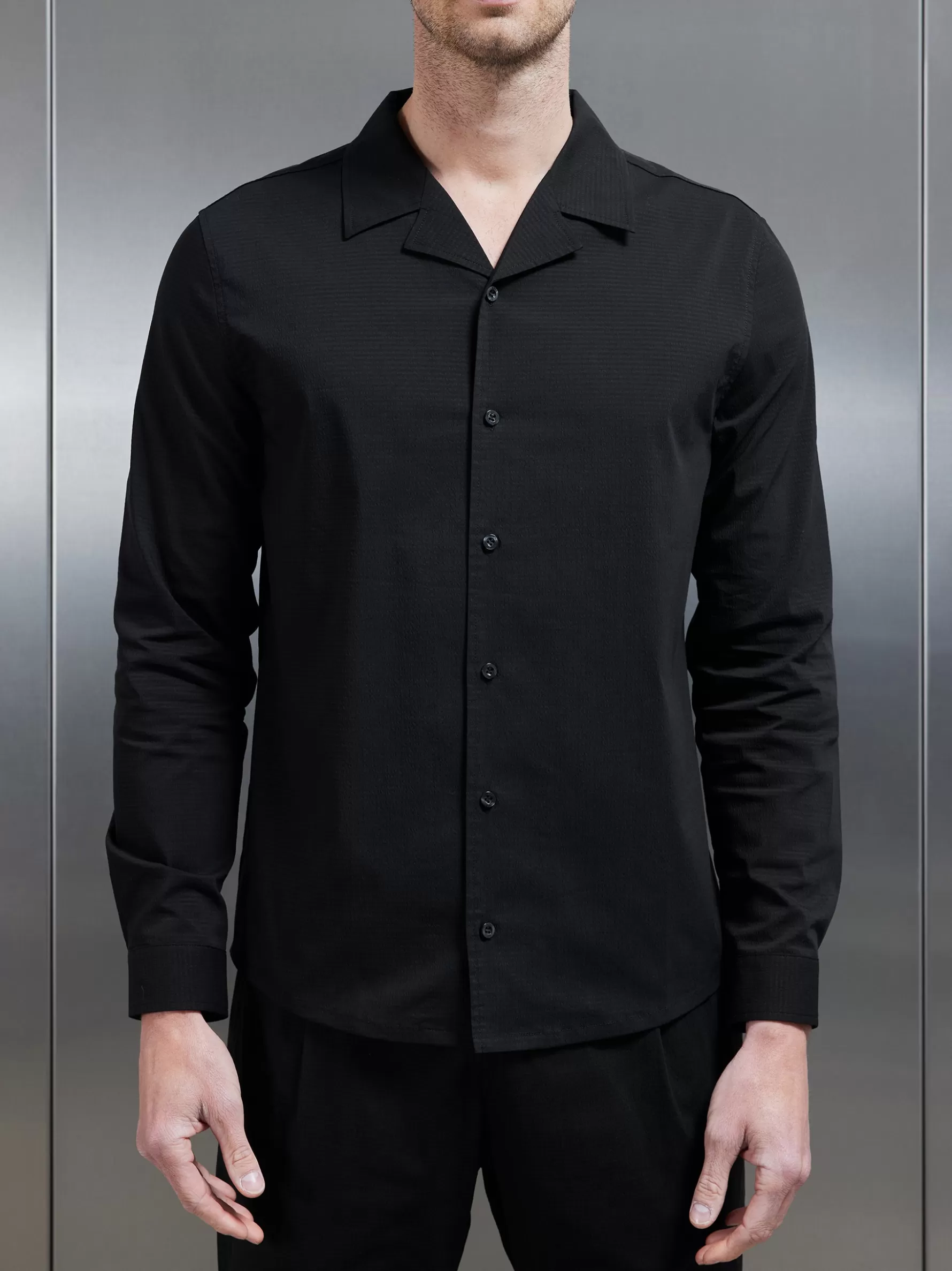 ARNE Seersucker Revere Collar Long Sleeve Shirt -