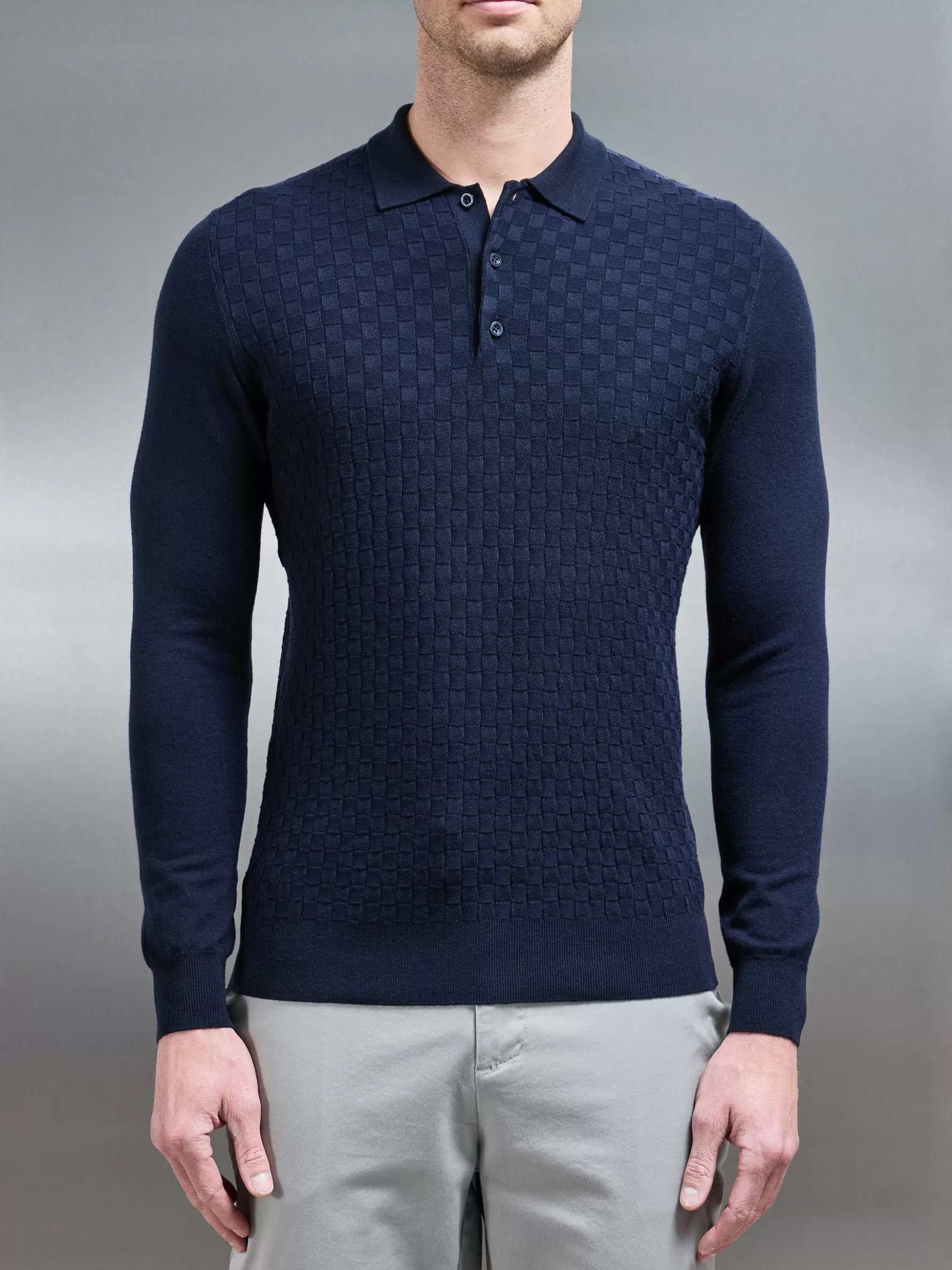 ARNE Square Textured Long Sleeve Button Polo Shirt -