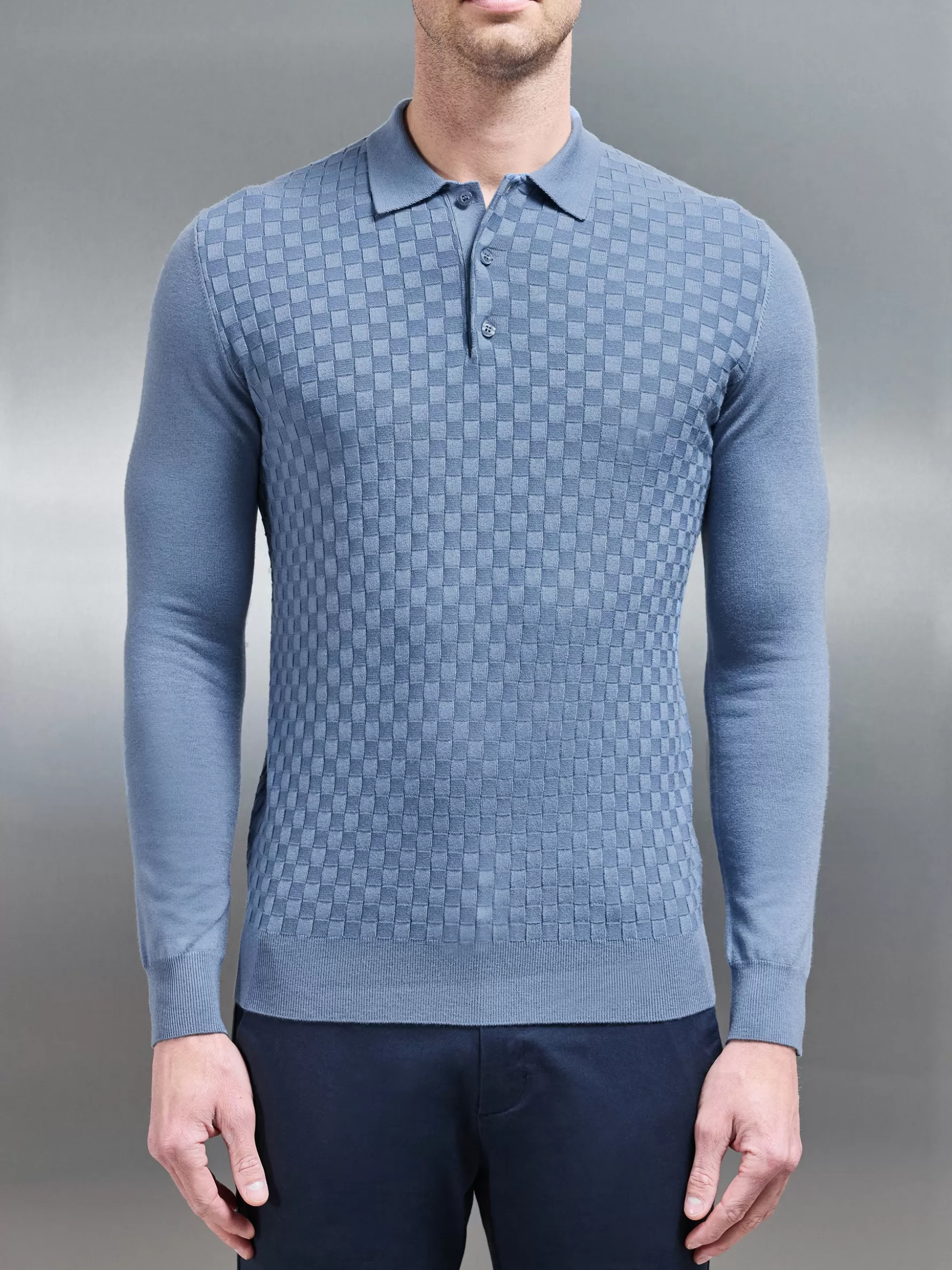 ARNE Square Textured Long Sleeve Button Polo Shirt - Silk Blue