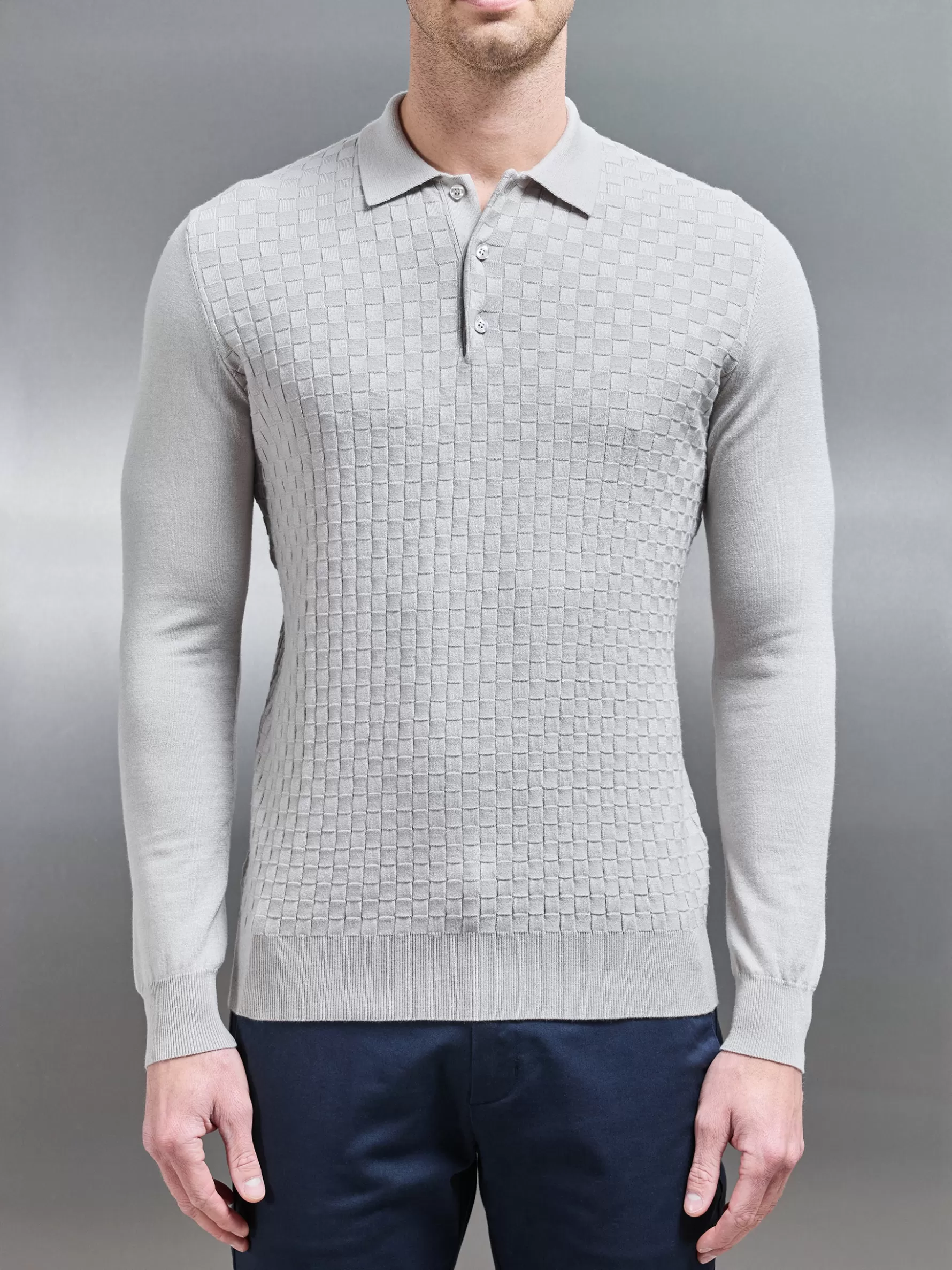 ARNE Square Textured Long Sleeve Button Polo Shirt -